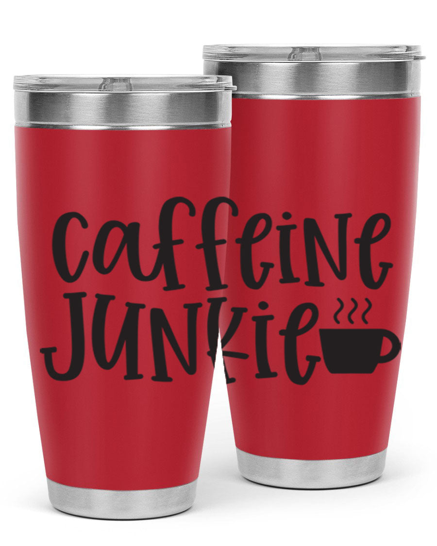 Caffeine Junkie 412# 20oz Tumbler in stainless steel with a drink-thru lid, showcasing its sleek design and vibrant print.