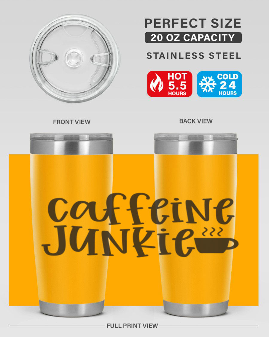 Caffeine Junkie 412# 20oz Tumbler in stainless steel with a drink-thru lid, showcasing its sleek design and vibrant print.