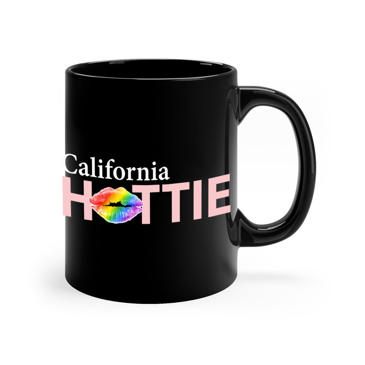 California Hottie Mug featuring rainbow lips design with a glossy finish and colorful handle.