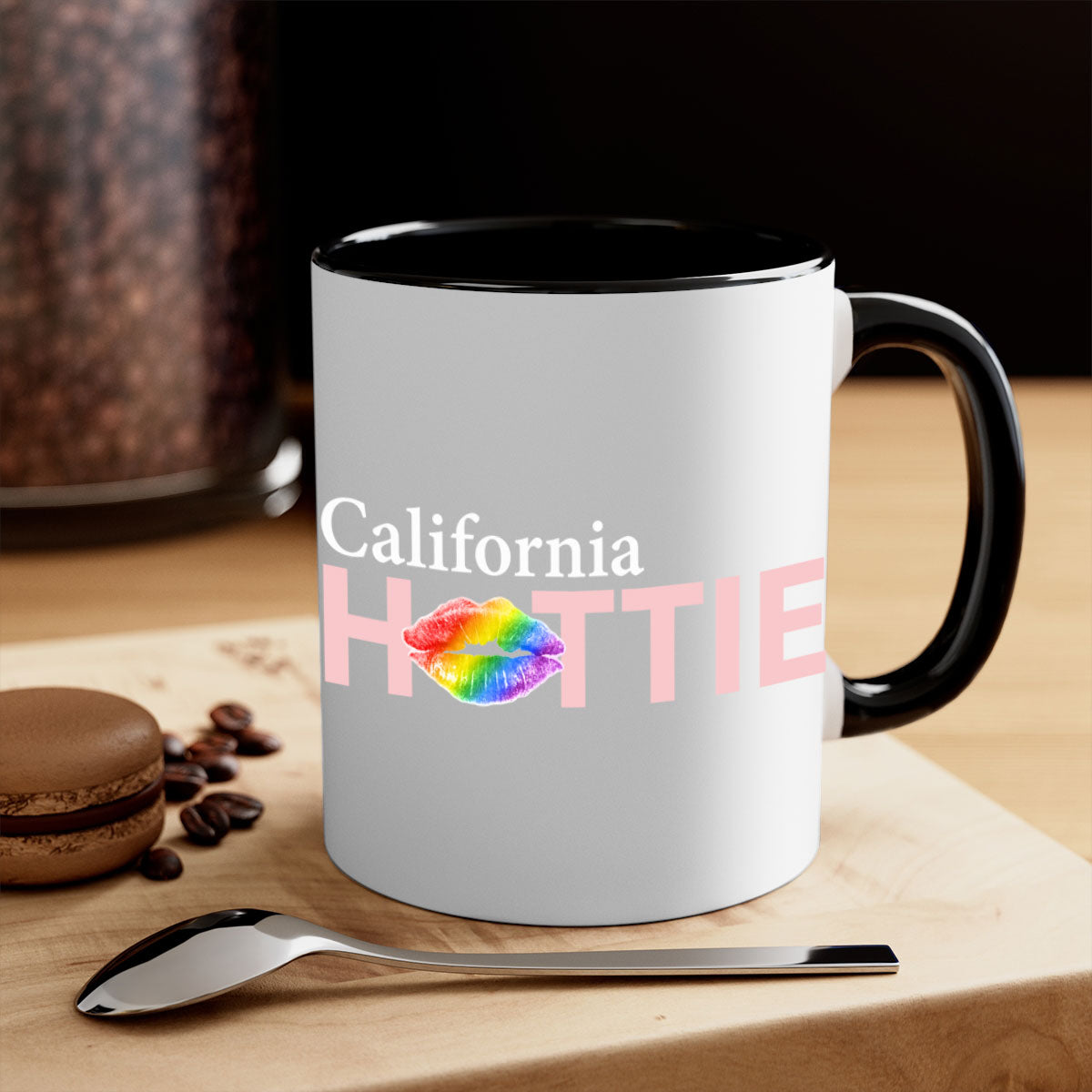 California Hottie Mug featuring rainbow lips design with a glossy finish and colorful handle.