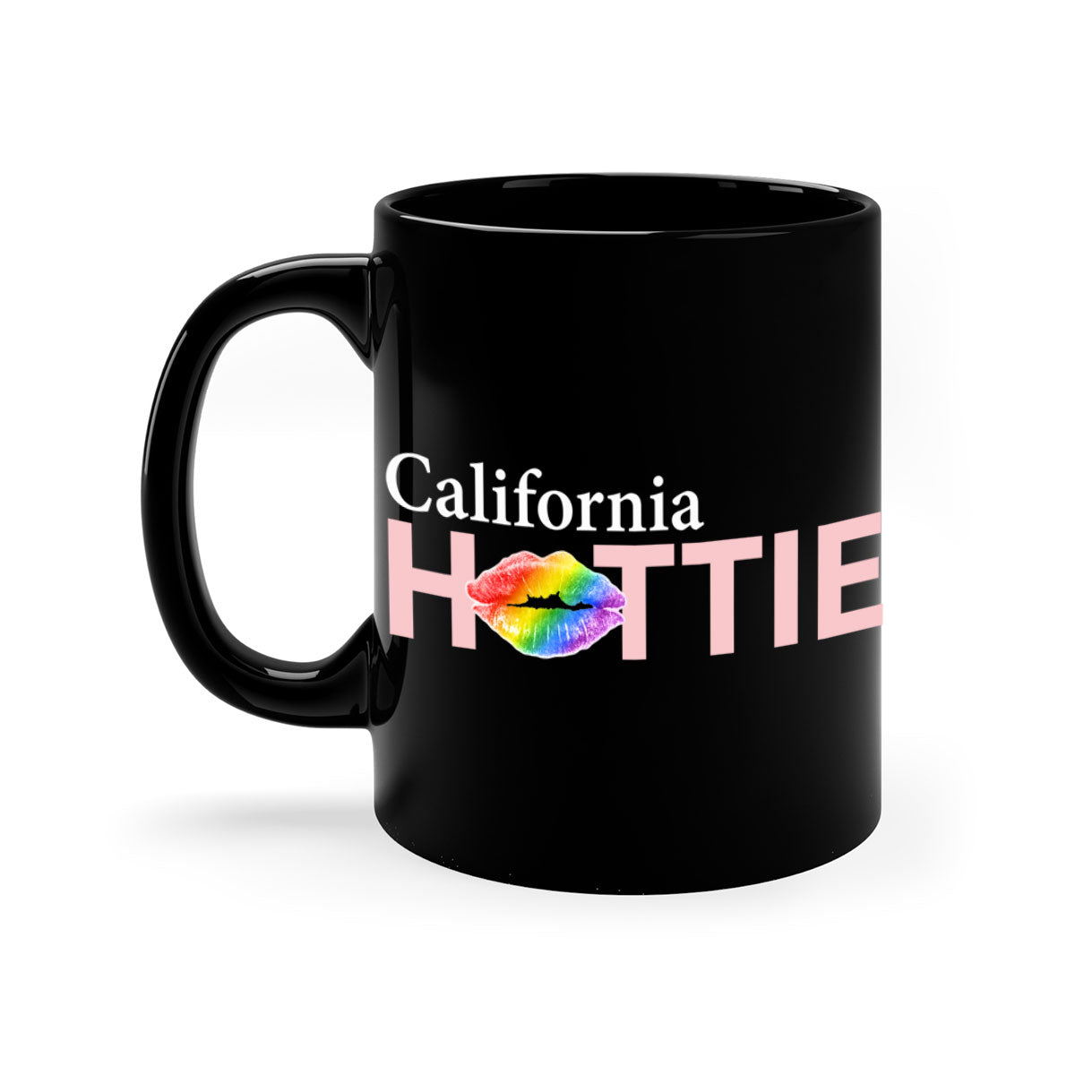 California Hottie Mug featuring rainbow lips design with a glossy finish and colorful handle.