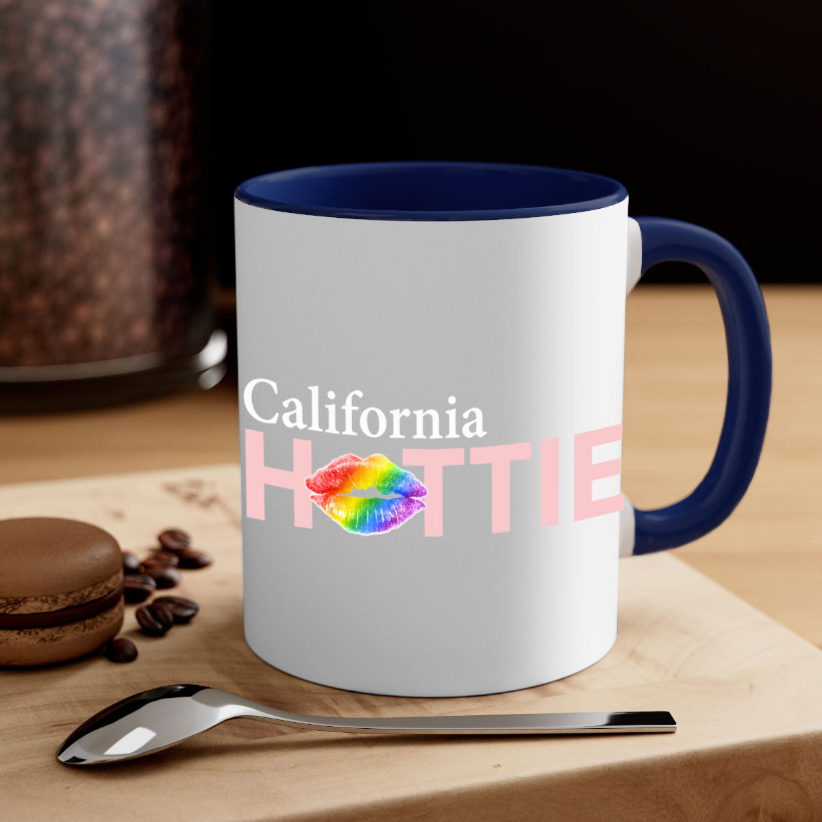 California Hottie Mug featuring rainbow lips design with a glossy finish and colorful handle.