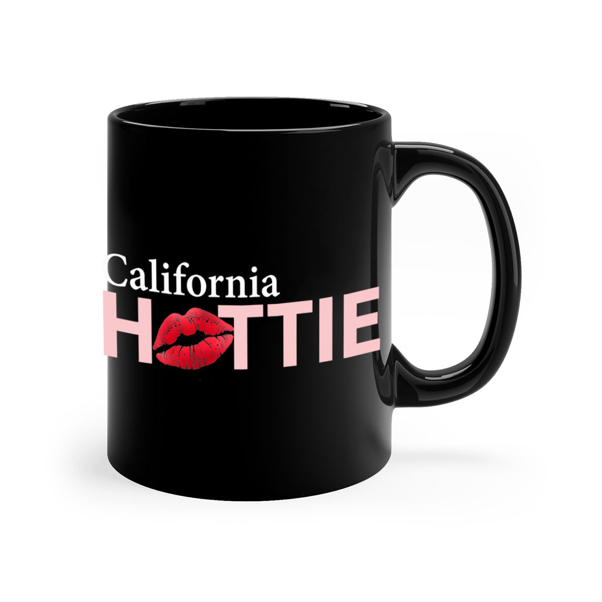 California Hottie With Red Lips Mug featuring a glossy finish and colorful handle, perfect for coffee and tea lovers.