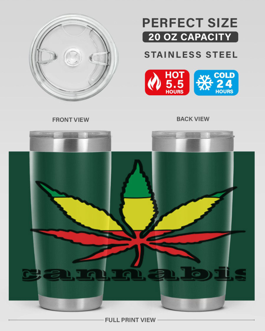 cannabis 37# Tumbler in 20oz and 30oz sizes, showcasing double wall vacuum stainless steel design with copper lining.