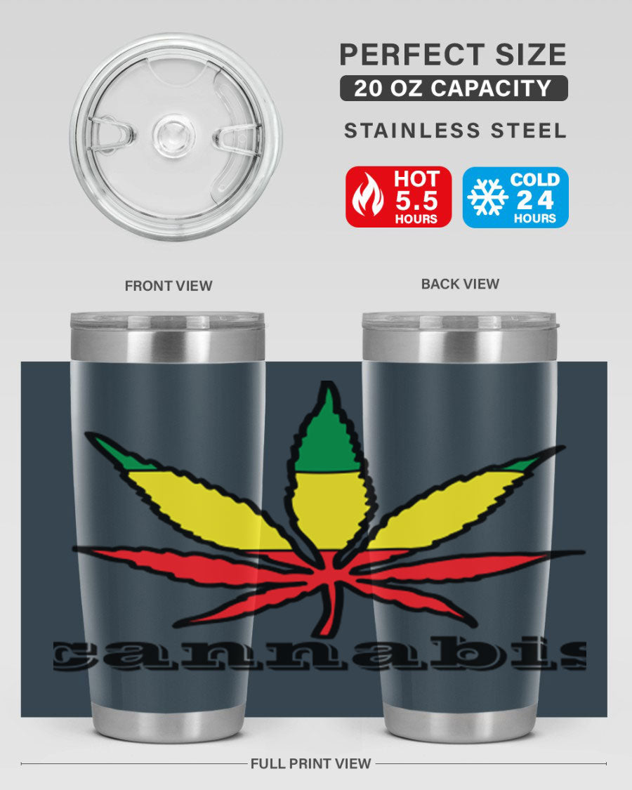 cannabis 37# Tumbler in 20oz and 30oz sizes, showcasing double wall vacuum stainless steel design with copper lining.