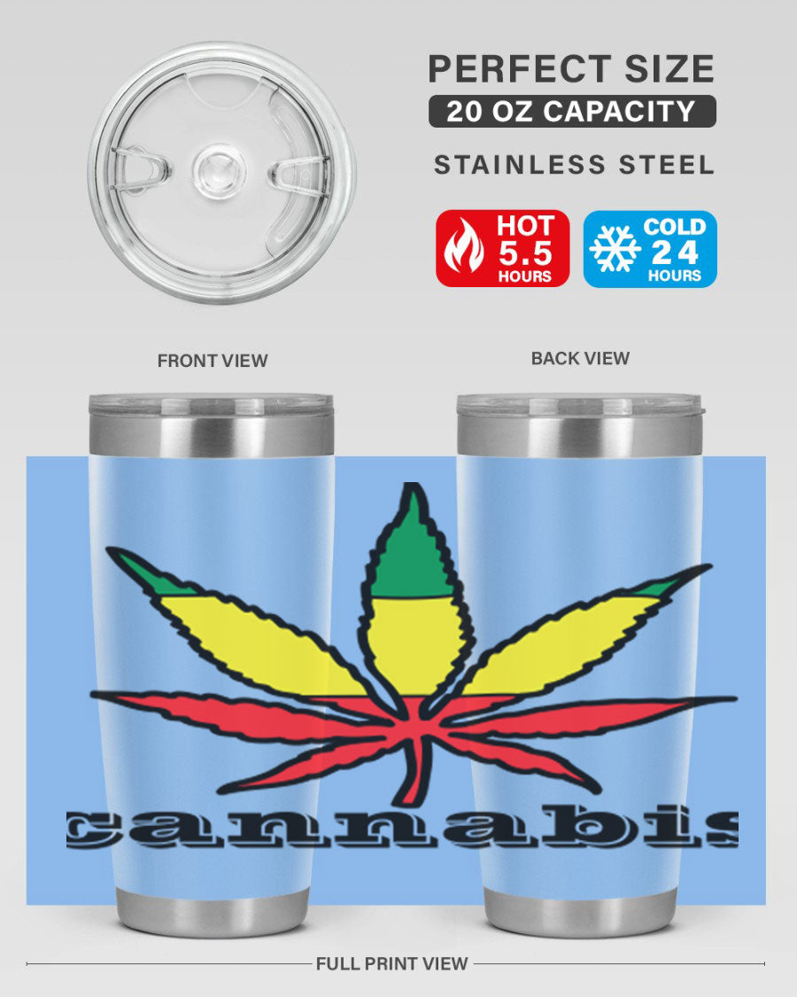 cannabis 37# Tumbler in 20oz and 30oz sizes, showcasing double wall vacuum stainless steel design with copper lining.