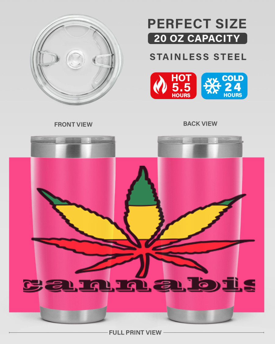 cannabis 37# Tumbler in 20oz and 30oz sizes, showcasing double wall vacuum stainless steel design with copper lining.
