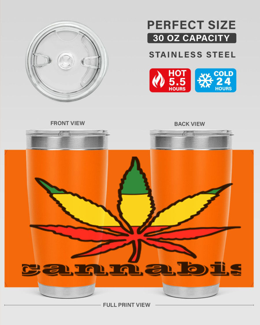cannabis 37# Tumbler in 20oz and 30oz sizes, showcasing double wall vacuum stainless steel design with copper lining.