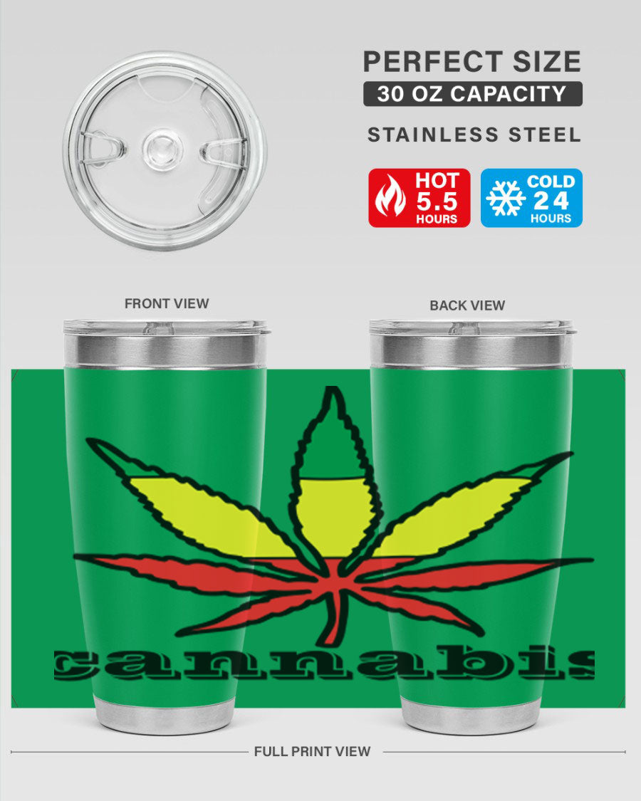 cannabis 37# Tumbler in 20oz and 30oz sizes, showcasing double wall vacuum stainless steel design with copper lining.