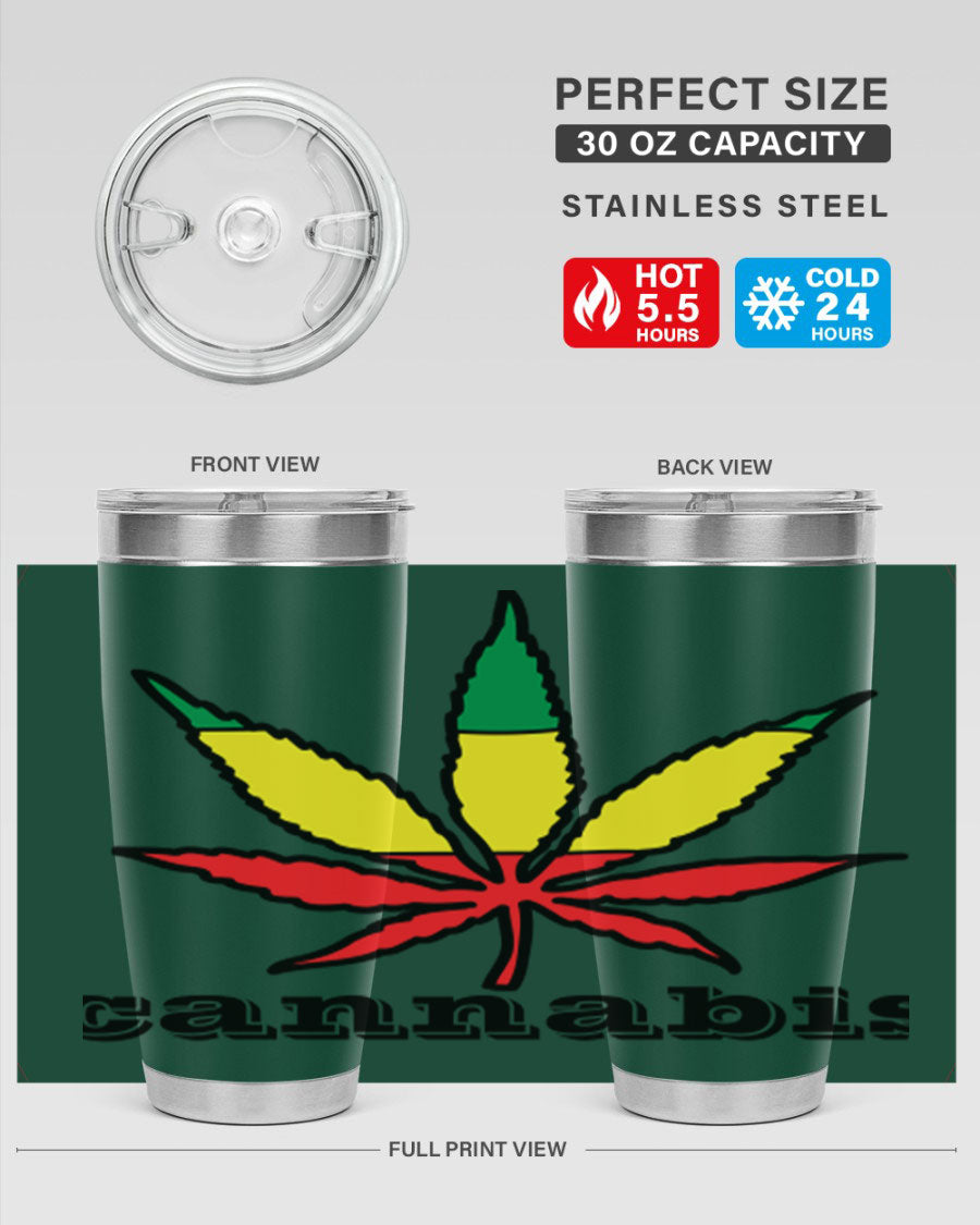 cannabis 37# Tumbler in 20oz and 30oz sizes, showcasing double wall vacuum stainless steel design with copper lining.