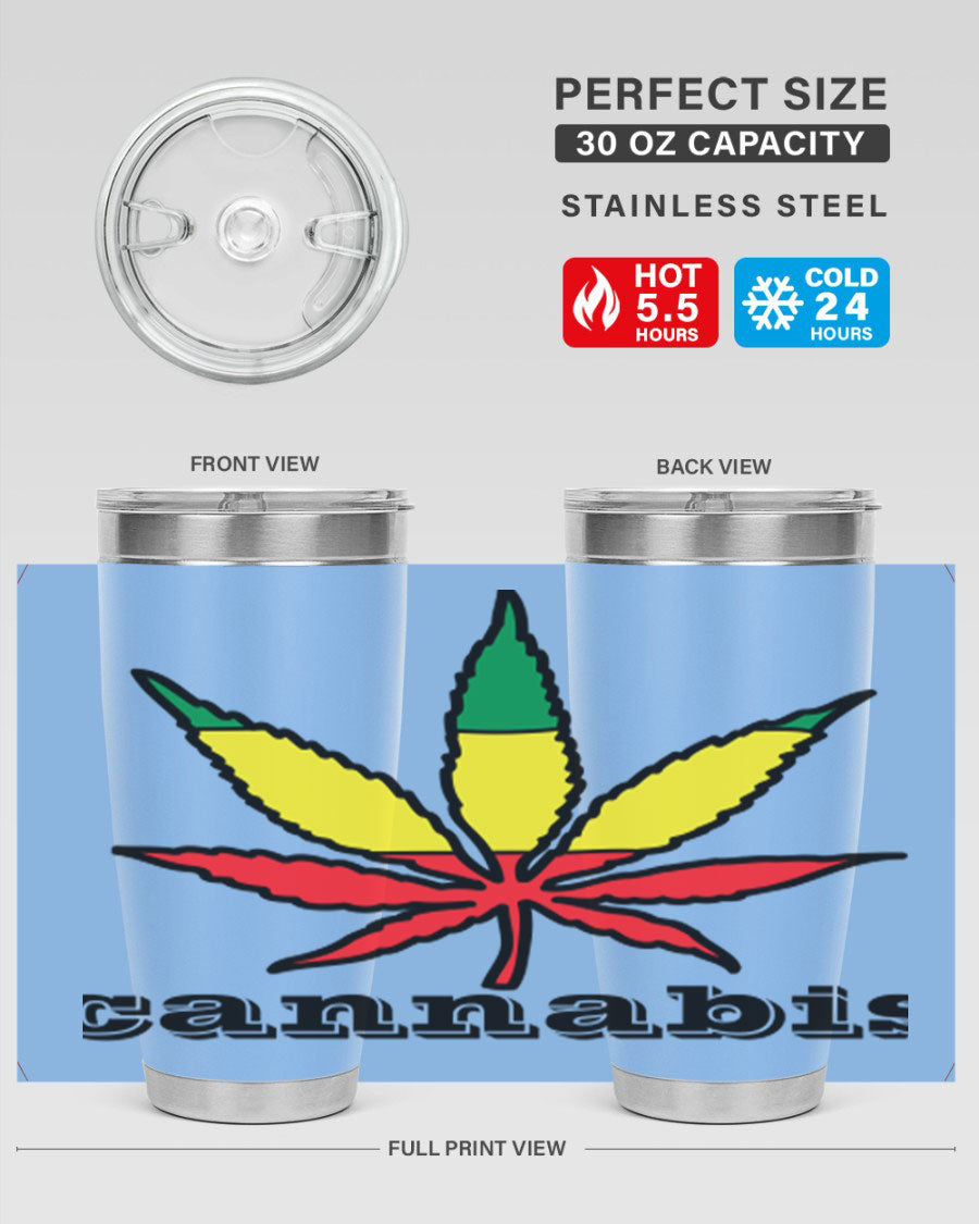 cannabis 37# Tumbler in 20oz and 30oz sizes, showcasing double wall vacuum stainless steel design with copper lining.