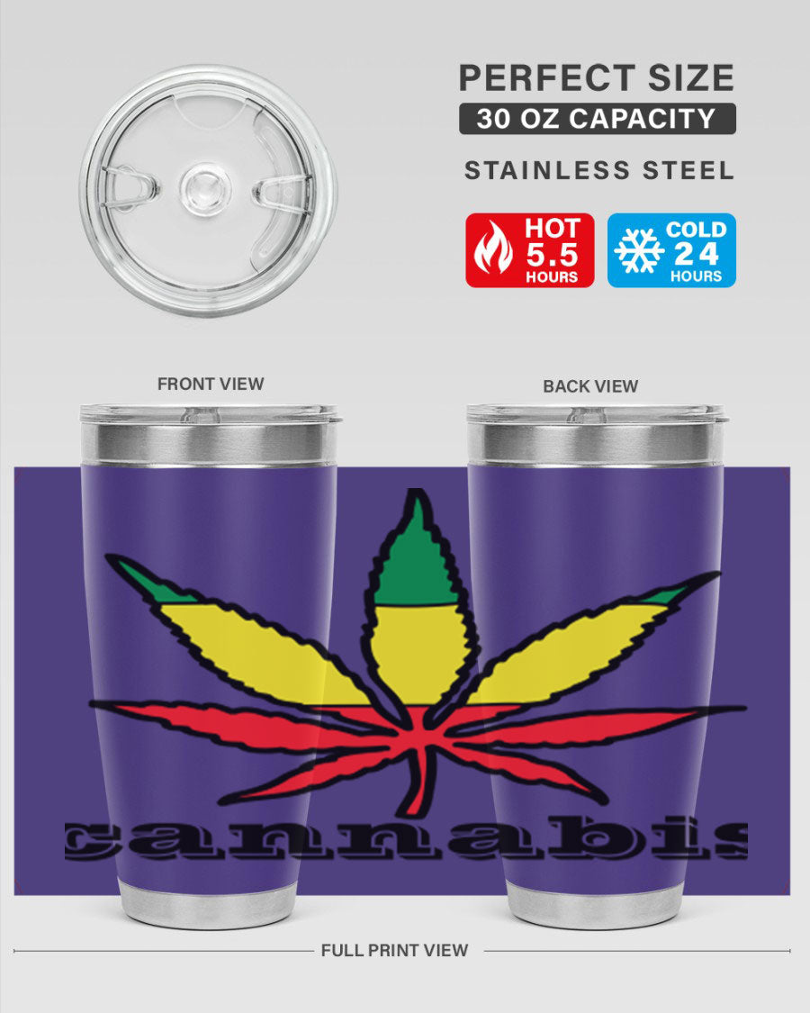 cannabis 37# Tumbler in 20oz and 30oz sizes, showcasing double wall vacuum stainless steel design with copper lining.