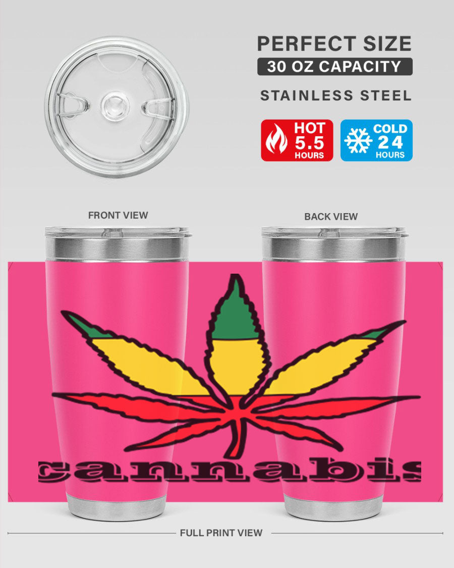 cannabis 37# Tumbler in 20oz and 30oz sizes, showcasing double wall vacuum stainless steel design with copper lining.