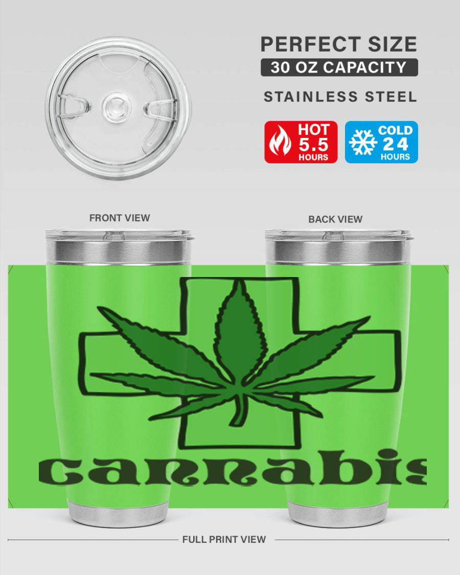 A stylish cannabis 55# 20oz tumbler made of stainless steel with a copper lining, featuring a drink-thru lid and a vibrant cannabis-themed design.