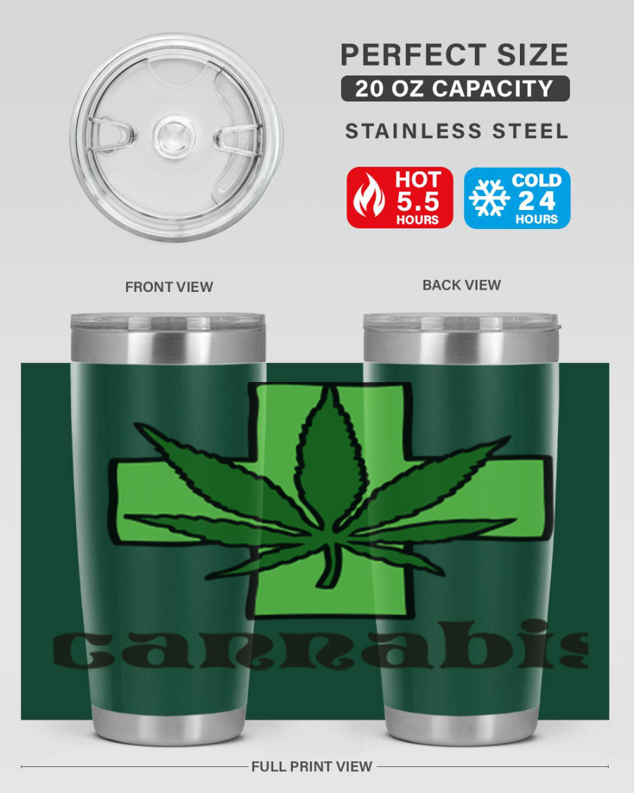 A stylish cannabis 55# 20oz tumbler made of stainless steel with a copper lining, featuring a drink-thru lid and a vibrant cannabis-themed design.