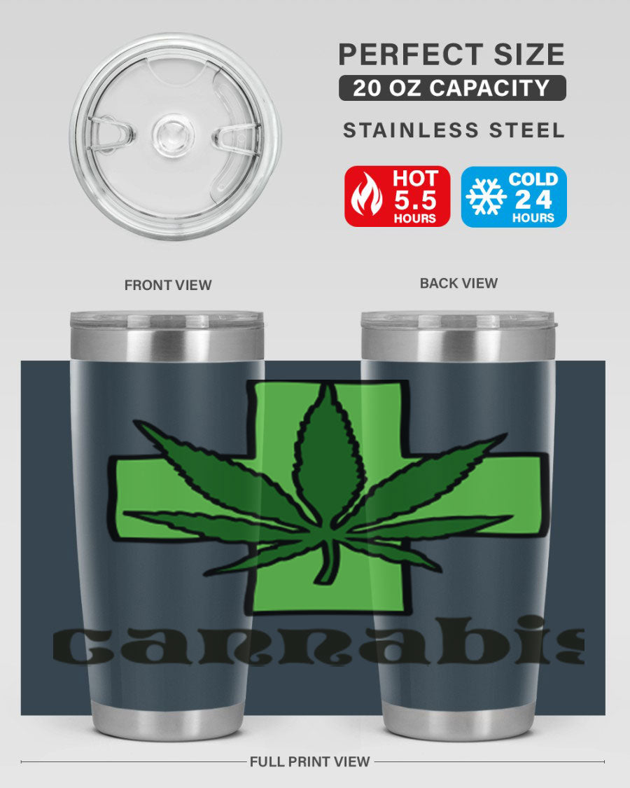 A stylish cannabis 55# 20oz tumbler made of stainless steel with a copper lining, featuring a drink-thru lid and a vibrant cannabis-themed design.