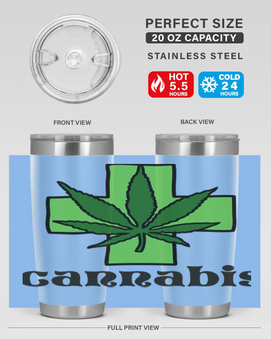A stylish cannabis 55# 20oz tumbler made of stainless steel with a copper lining, featuring a drink-thru lid and a vibrant cannabis-themed design.
