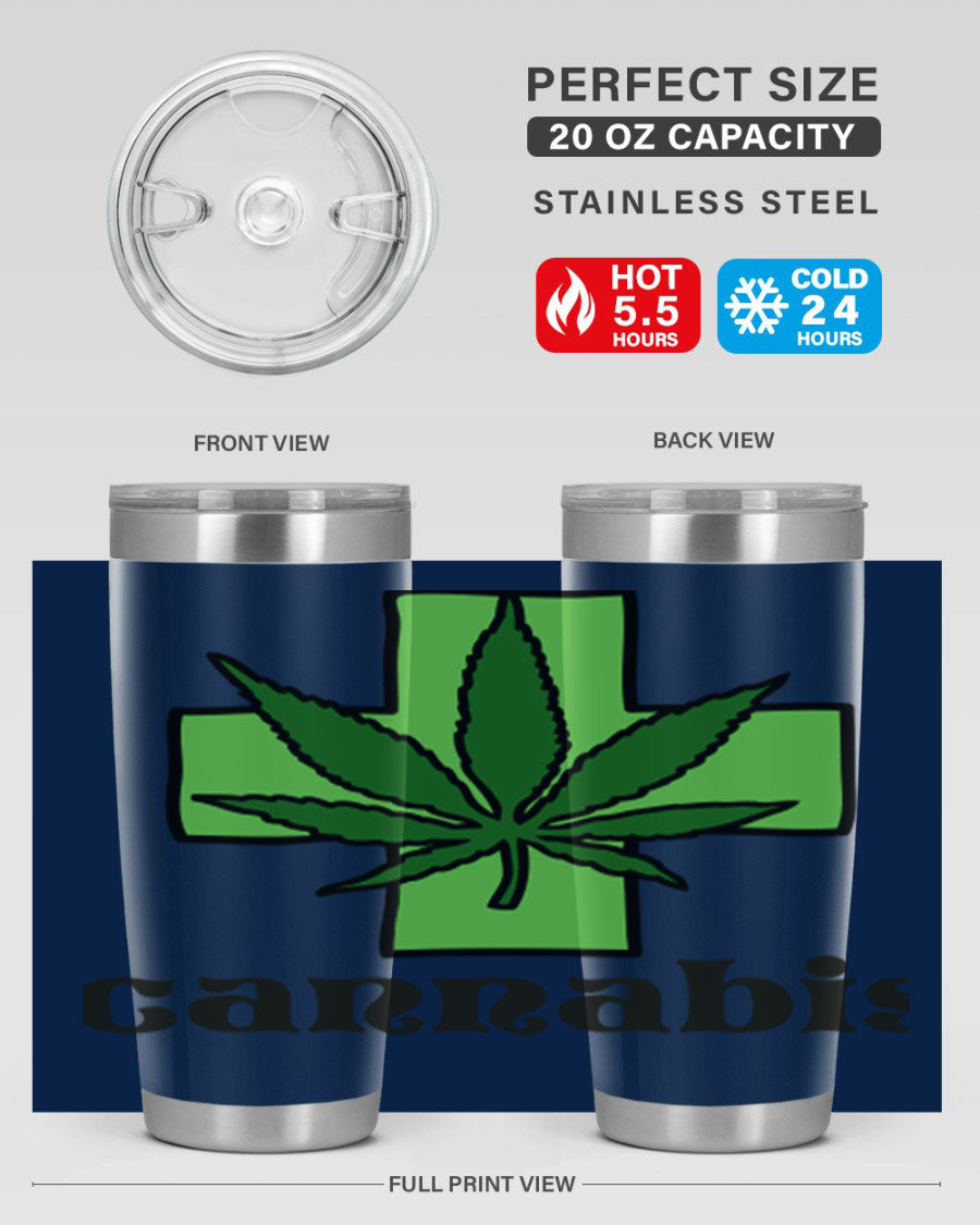 A stylish cannabis 55# 20oz tumbler made of stainless steel with a copper lining, featuring a drink-thru lid and a vibrant cannabis-themed design.