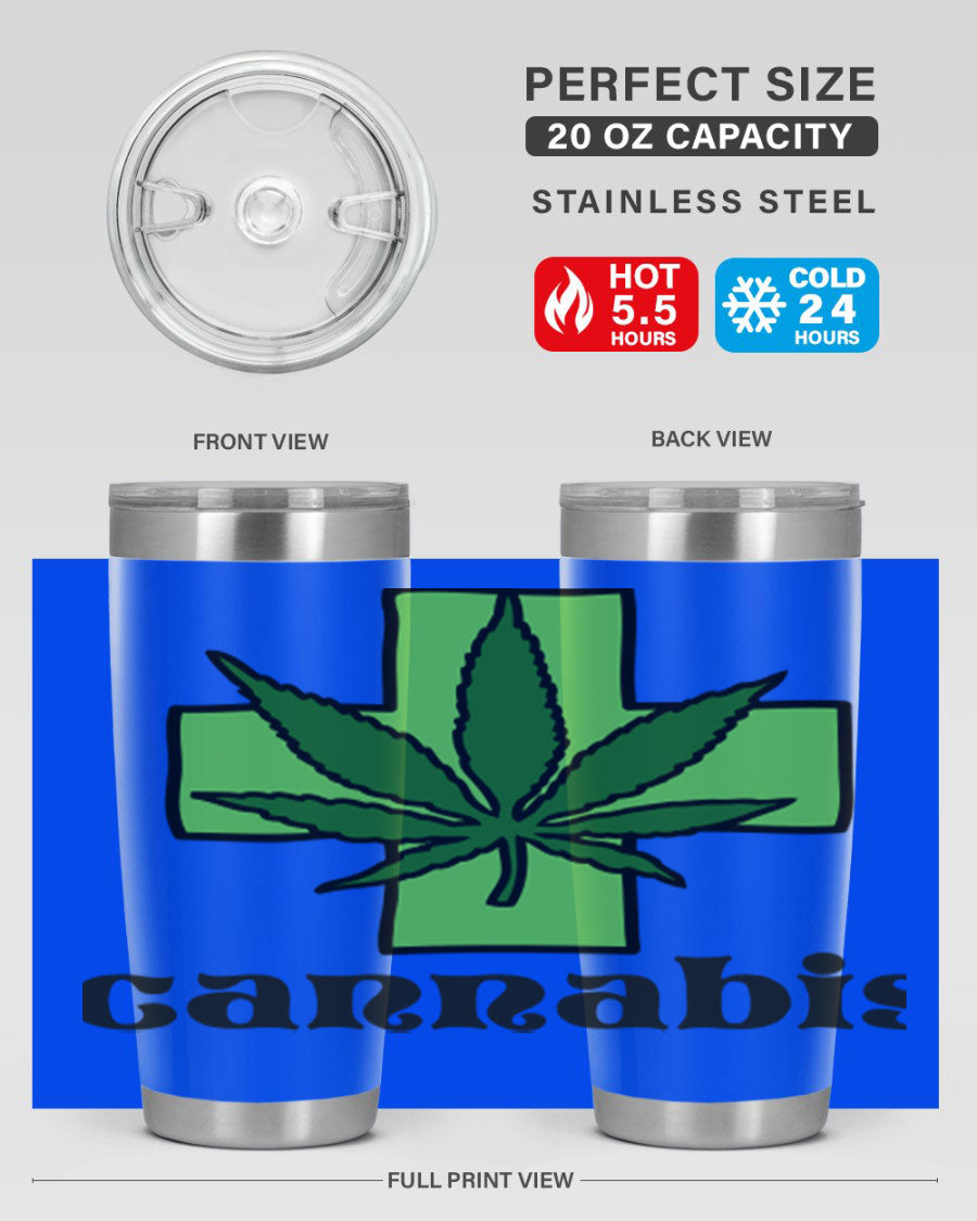 A stylish cannabis 55# 20oz tumbler made of stainless steel with a copper lining, featuring a drink-thru lid and a vibrant cannabis-themed design.