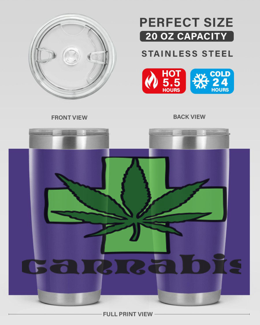 A stylish cannabis 55# 20oz tumbler made of stainless steel with a copper lining, featuring a drink-thru lid and a vibrant cannabis-themed design.