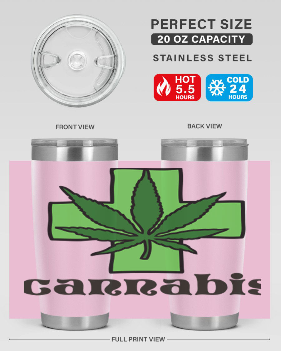 A stylish cannabis 55# 20oz tumbler made of stainless steel with a copper lining, featuring a drink-thru lid and a vibrant cannabis-themed design.