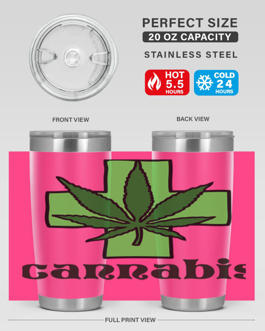 A stylish cannabis 55# 20oz tumbler made of stainless steel with a copper lining, featuring a drink-thru lid and a vibrant cannabis-themed design.