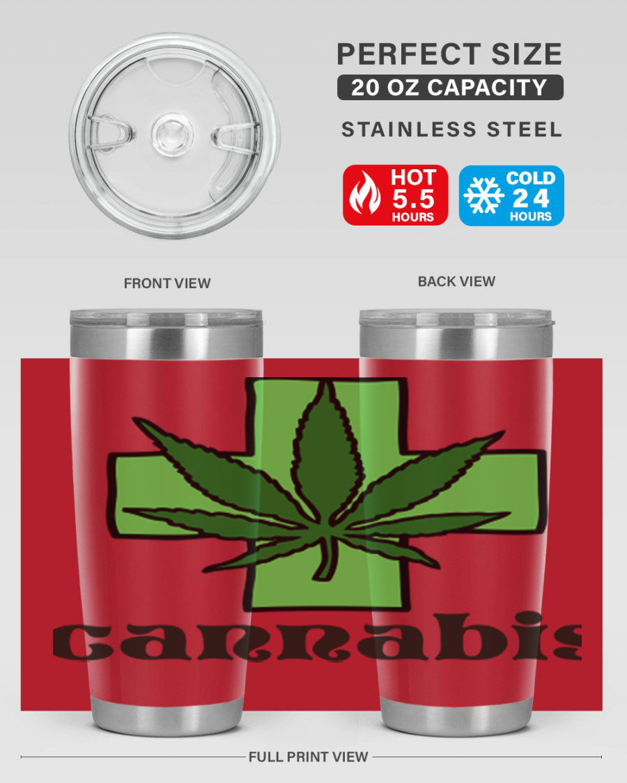 A stylish cannabis 55# 20oz tumbler made of stainless steel with a copper lining, featuring a drink-thru lid and a vibrant cannabis-themed design.
