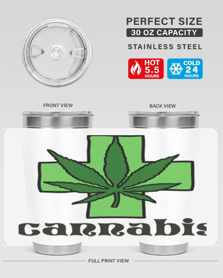 A stylish cannabis 55# 20oz tumbler made of stainless steel with a copper lining, featuring a drink-thru lid and a vibrant cannabis-themed design.