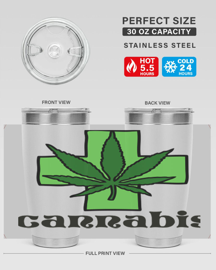 A stylish cannabis 55# 20oz tumbler made of stainless steel with a copper lining, featuring a drink-thru lid and a vibrant cannabis-themed design.