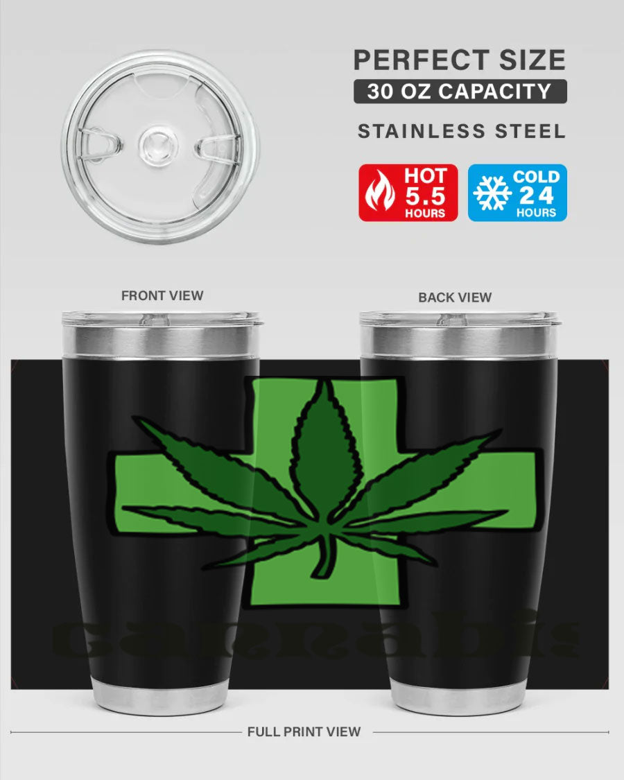 A stylish cannabis 55# 20oz tumbler made of stainless steel with a copper lining, featuring a drink-thru lid and a vibrant cannabis-themed design.
