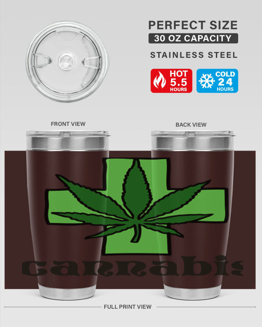 A stylish cannabis 55# 20oz tumbler made of stainless steel with a copper lining, featuring a drink-thru lid and a vibrant cannabis-themed design.