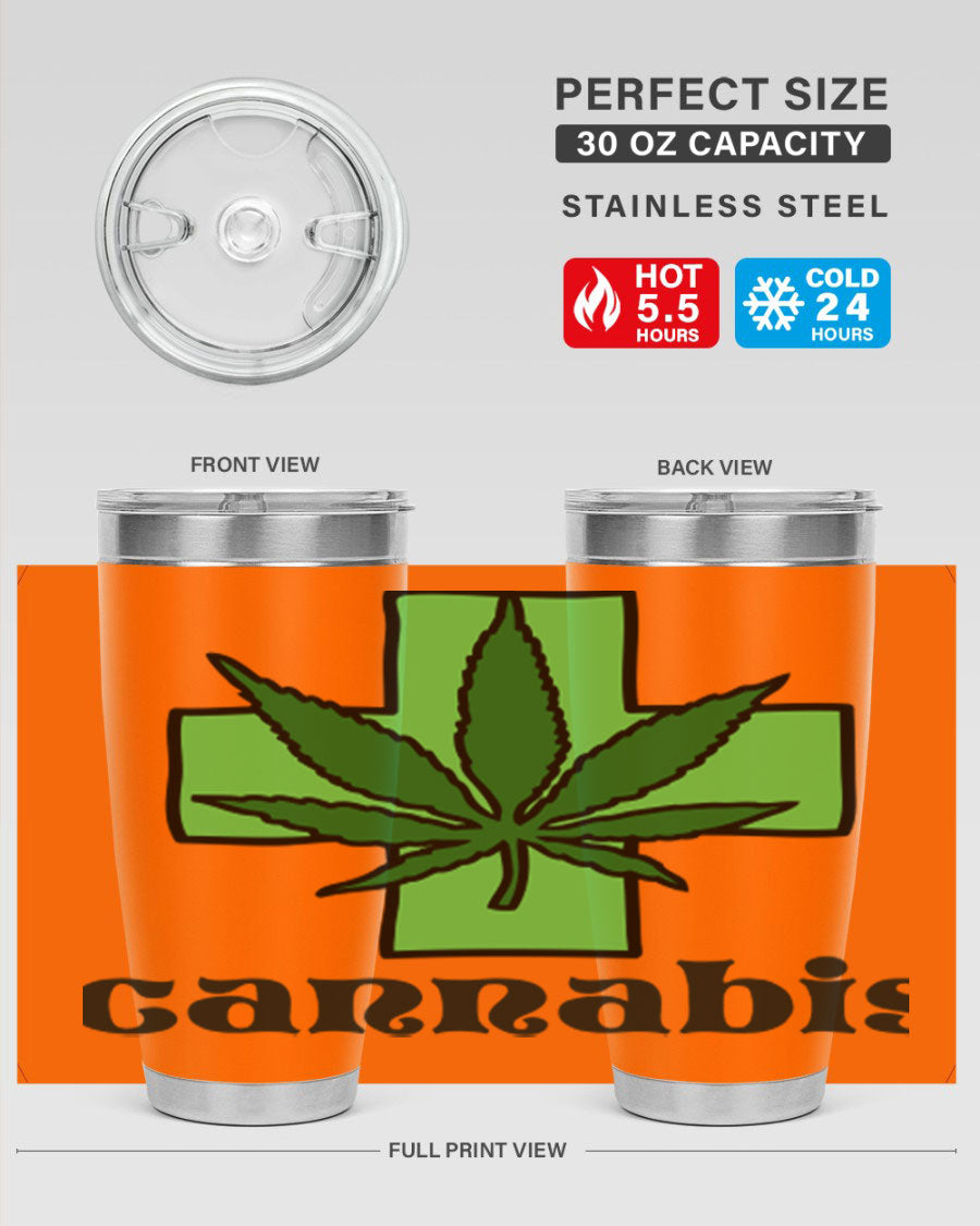 A stylish cannabis 55# 20oz tumbler made of stainless steel with a copper lining, featuring a drink-thru lid and a vibrant cannabis-themed design.