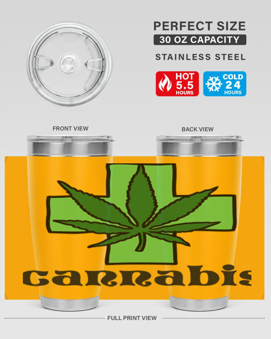 A stylish cannabis 55# 20oz tumbler made of stainless steel with a copper lining, featuring a drink-thru lid and a vibrant cannabis-themed design.