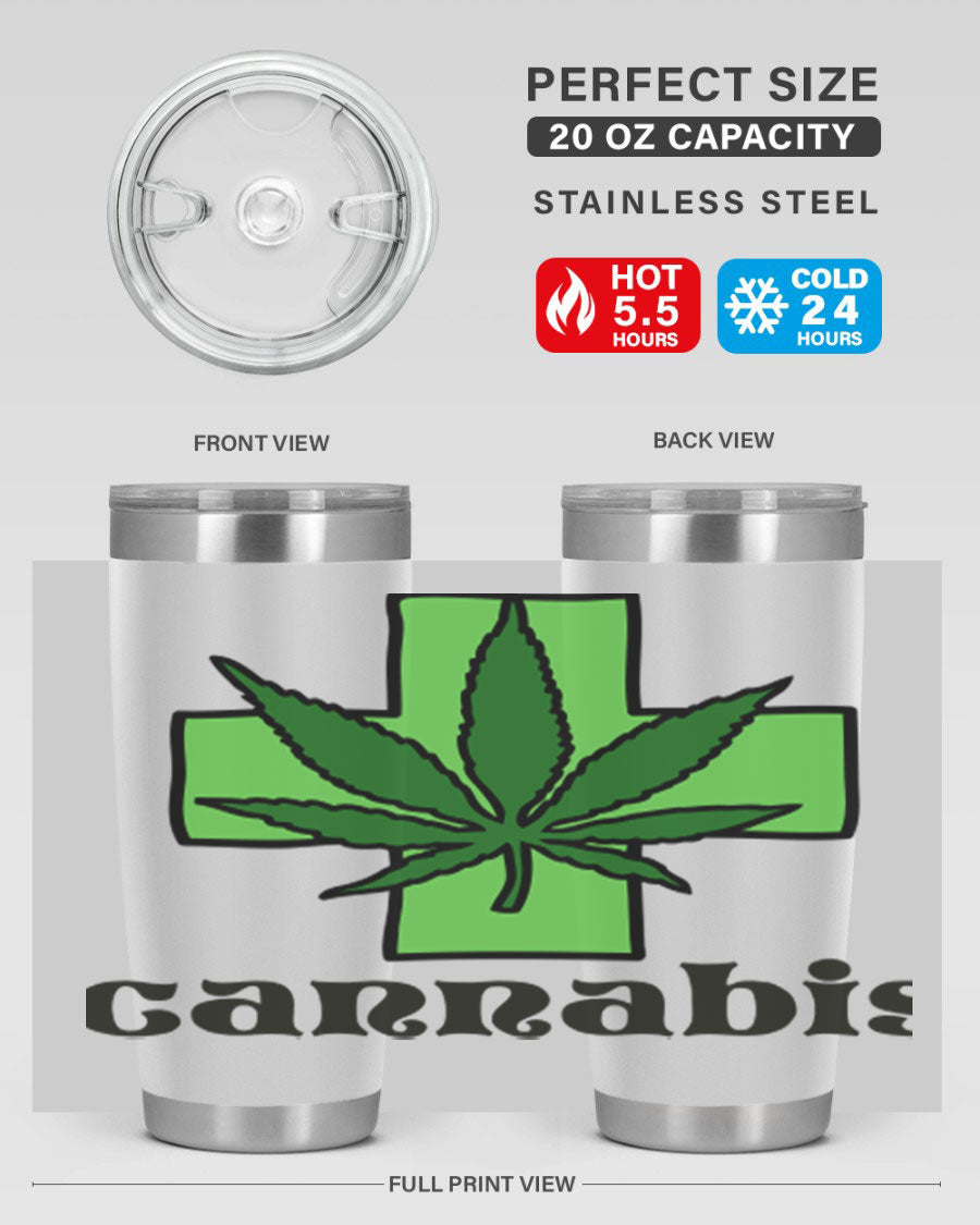 A stylish cannabis 55# 20oz tumbler made of stainless steel with a copper lining, featuring a drink-thru lid and a vibrant cannabis-themed design.