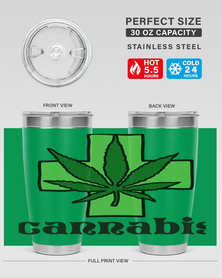 A stylish cannabis 55# 20oz tumbler made of stainless steel with a copper lining, featuring a drink-thru lid and a vibrant cannabis-themed design.