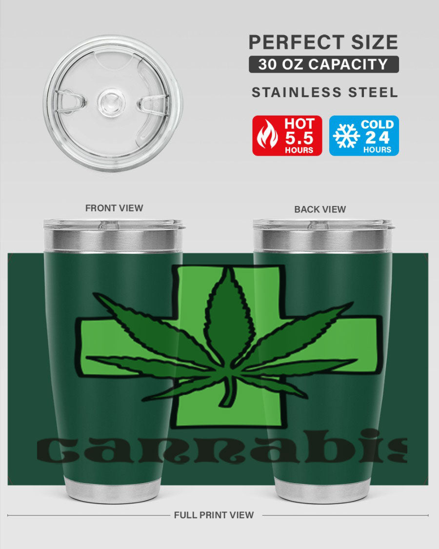 A stylish cannabis 55# 20oz tumbler made of stainless steel with a copper lining, featuring a drink-thru lid and a vibrant cannabis-themed design.
