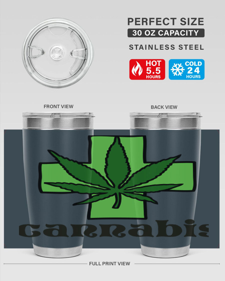 A stylish cannabis 55# 20oz tumbler made of stainless steel with a copper lining, featuring a drink-thru lid and a vibrant cannabis-themed design.