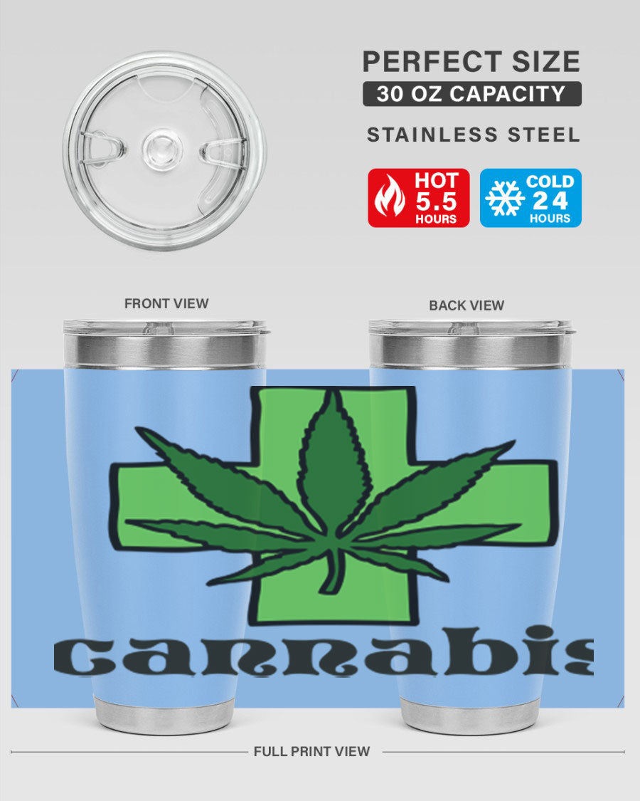 A stylish cannabis 55# 20oz tumbler made of stainless steel with a copper lining, featuring a drink-thru lid and a vibrant cannabis-themed design.