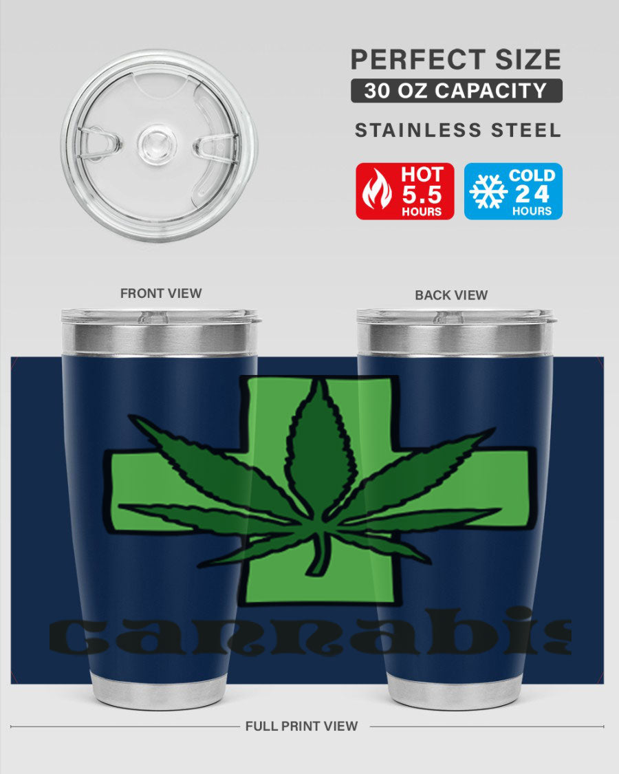 A stylish cannabis 55# 20oz tumbler made of stainless steel with a copper lining, featuring a drink-thru lid and a vibrant cannabis-themed design.