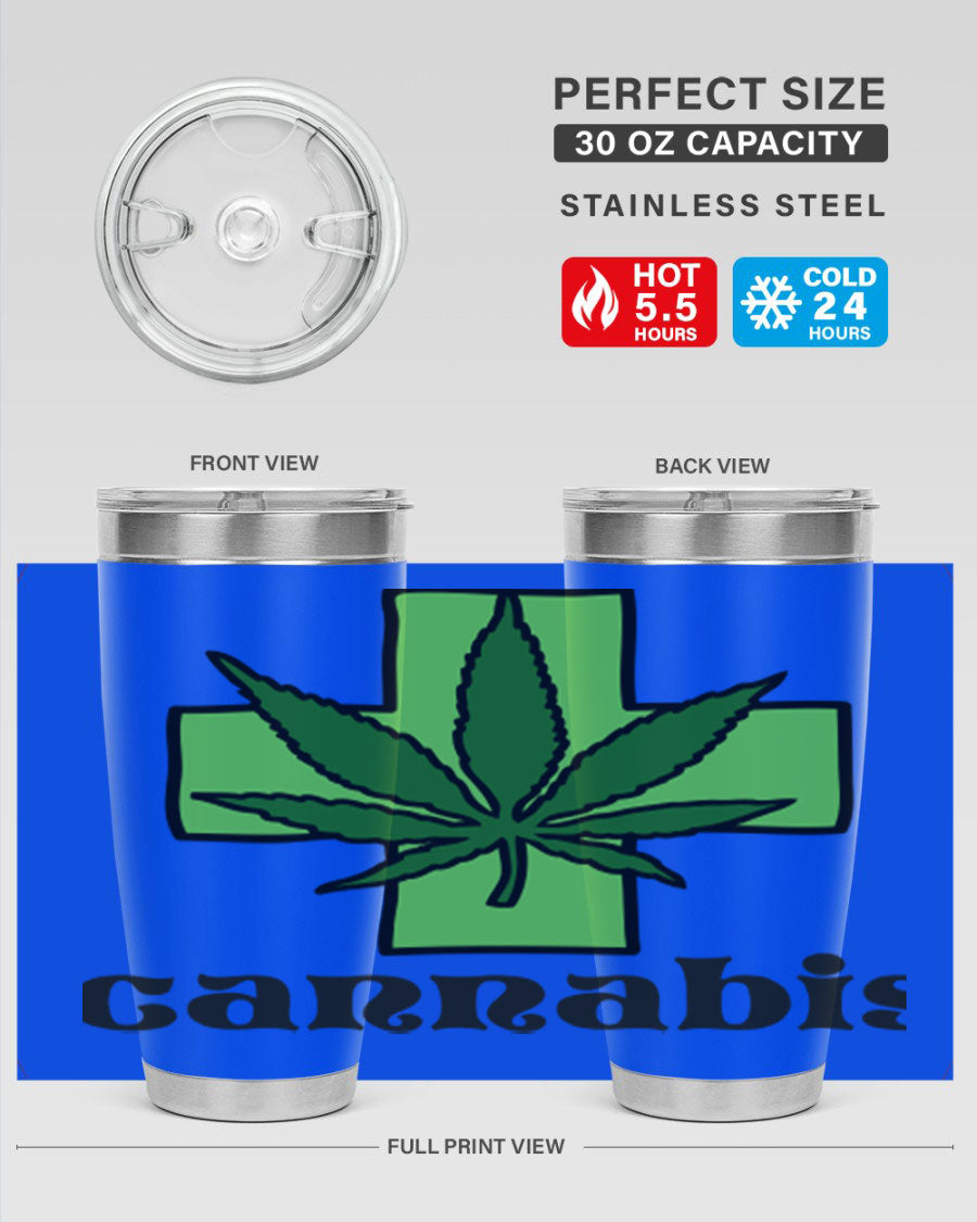 A stylish cannabis 55# 20oz tumbler made of stainless steel with a copper lining, featuring a drink-thru lid and a vibrant cannabis-themed design.