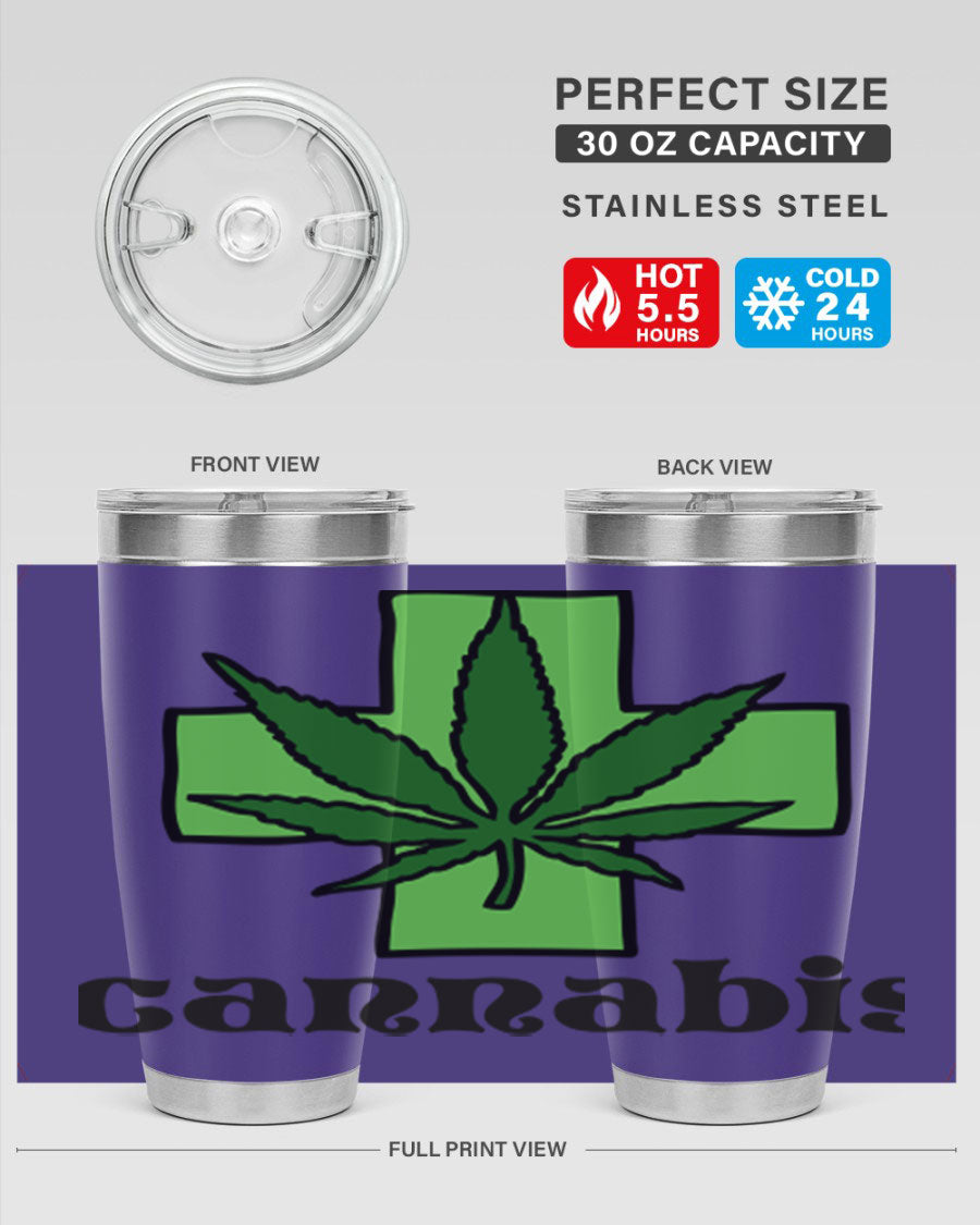 A stylish cannabis 55# 20oz tumbler made of stainless steel with a copper lining, featuring a drink-thru lid and a vibrant cannabis-themed design.