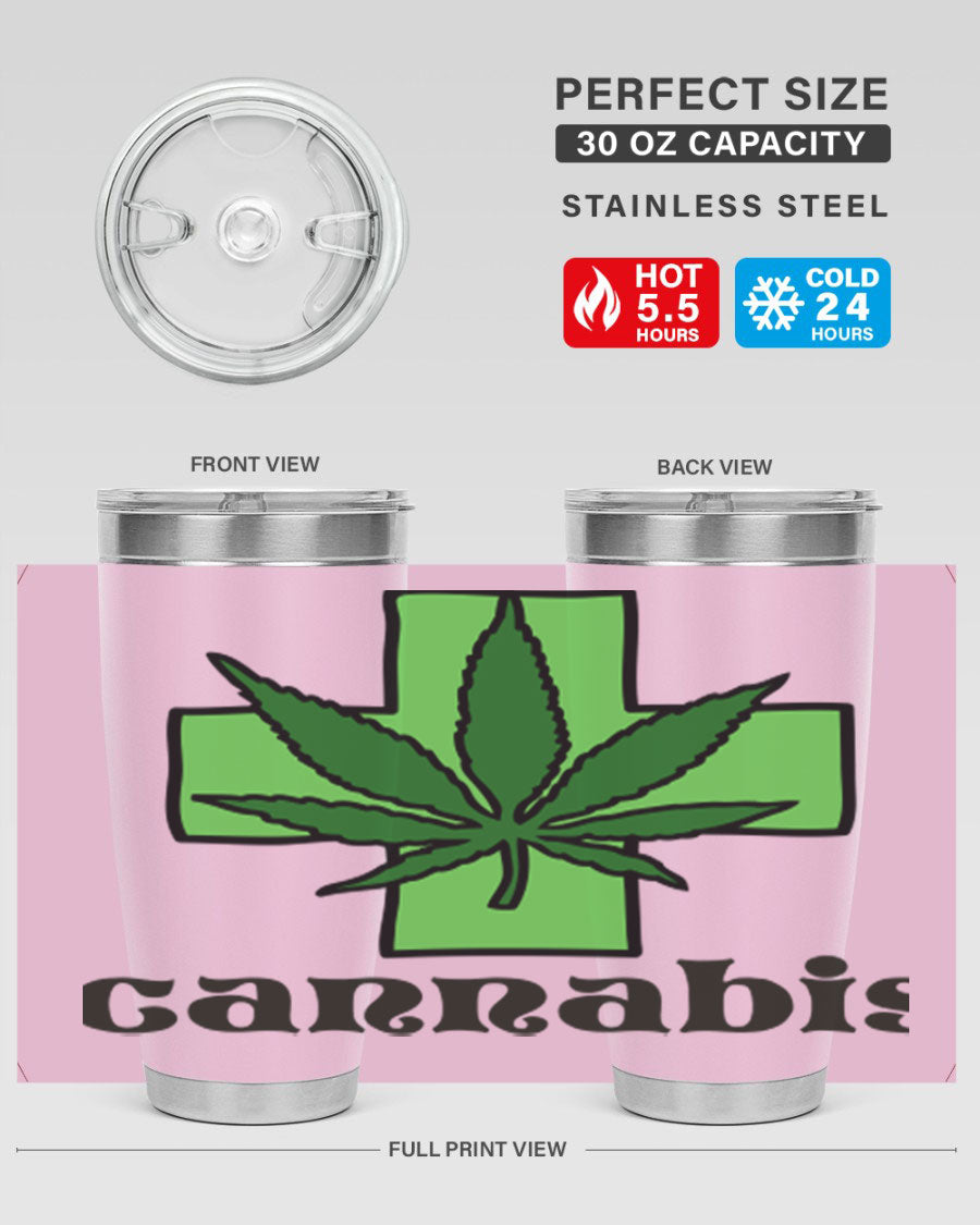 A stylish cannabis 55# 20oz tumbler made of stainless steel with a copper lining, featuring a drink-thru lid and a vibrant cannabis-themed design.