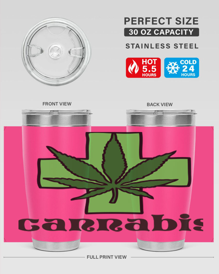 A stylish cannabis 55# 20oz tumbler made of stainless steel with a copper lining, featuring a drink-thru lid and a vibrant cannabis-themed design.
