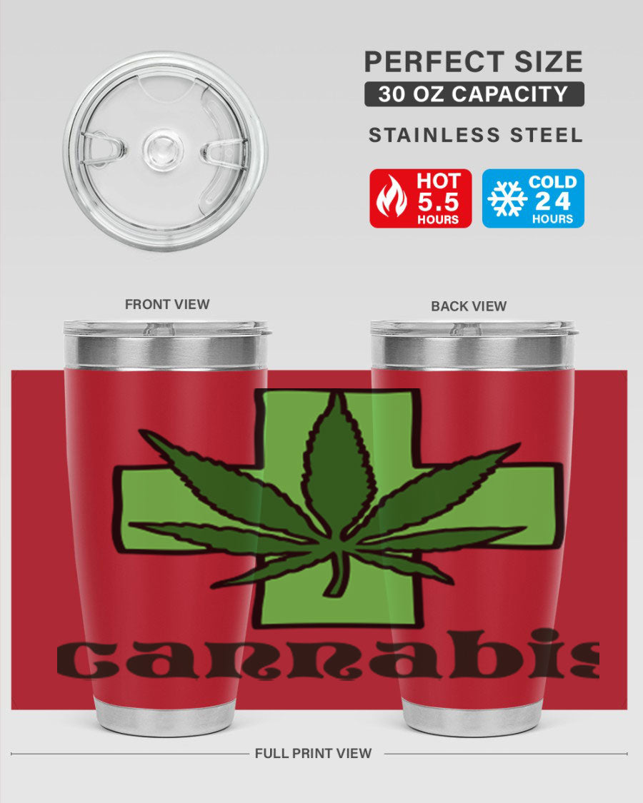 A stylish cannabis 55# 20oz tumbler made of stainless steel with a copper lining, featuring a drink-thru lid and a vibrant cannabis-themed design.