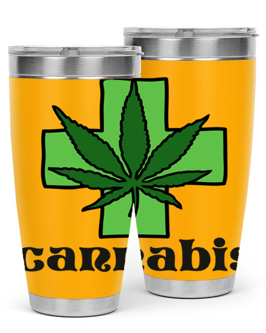 A stylish cannabis 55# 20oz tumbler made of stainless steel with a copper lining, featuring a drink-thru lid and a vibrant cannabis-themed design.