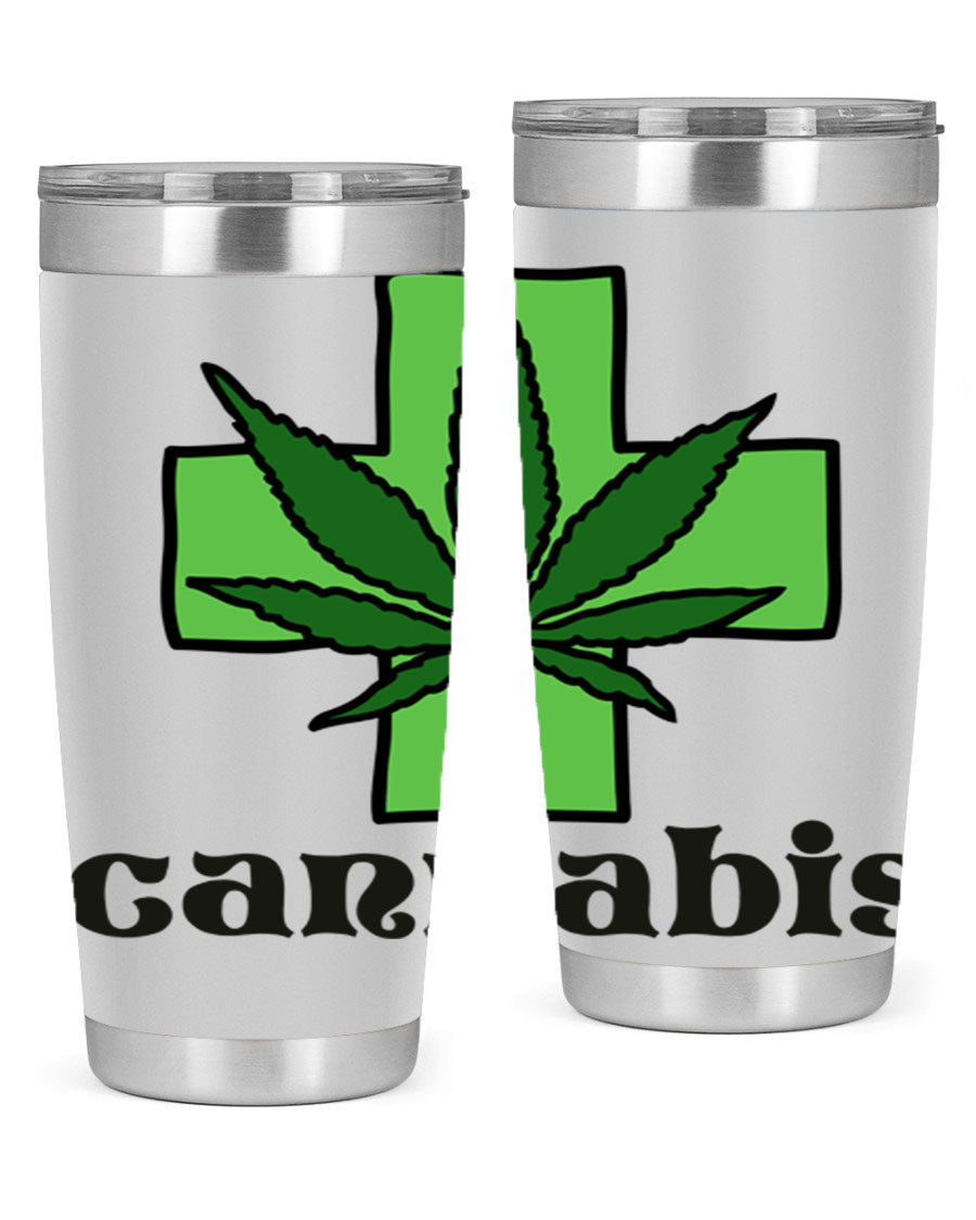 A stylish cannabis 55# 20oz tumbler made of stainless steel with a copper lining, featuring a drink-thru lid and a vibrant cannabis-themed design.