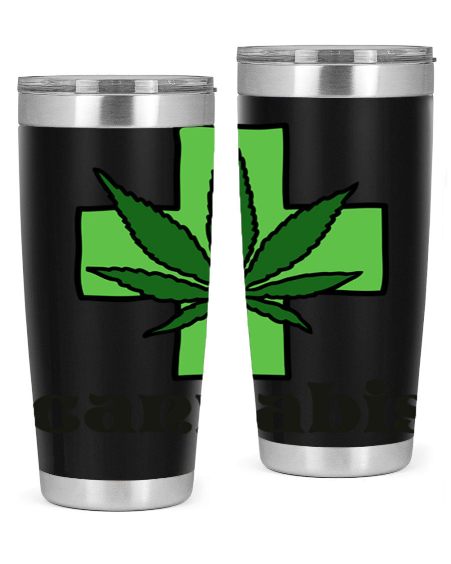 A stylish cannabis 55# 20oz tumbler made of stainless steel with a copper lining, featuring a drink-thru lid and a vibrant cannabis-themed design.