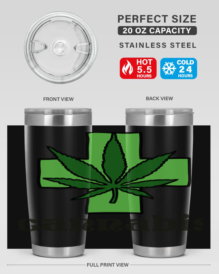 A stylish cannabis 55# 20oz tumbler made of stainless steel with a copper lining, featuring a drink-thru lid and a vibrant cannabis-themed design.
