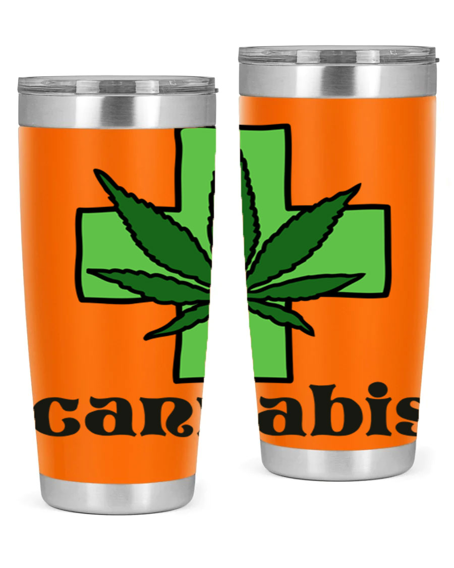 A stylish cannabis 55# 20oz tumbler made of stainless steel with a copper lining, featuring a drink-thru lid and a vibrant cannabis-themed design.