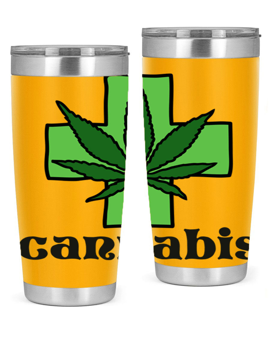 A stylish cannabis 55# 20oz tumbler made of stainless steel with a copper lining, featuring a drink-thru lid and a vibrant cannabis-themed design.